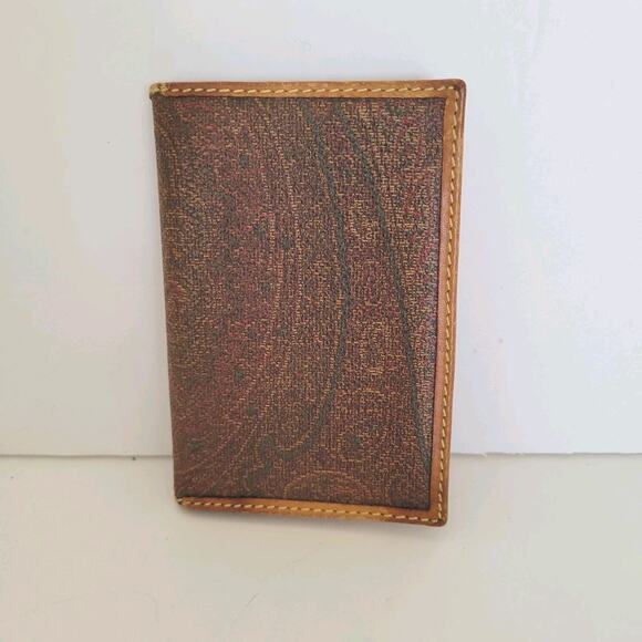 Etro Vintage Brown Paisley Leather Card Wallet Logo Italian Bifold Compact Small - Picture 1 of 9